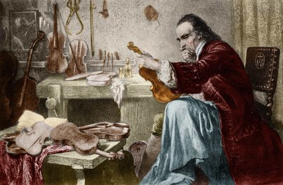 Luthier Stradivarius (Antonio Stradivari) (1644-1737) in his workshop. Engraving by Hammann by Unknown artist
