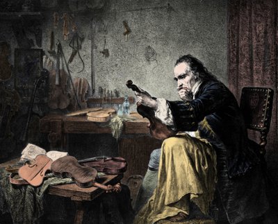 Luthier Stradivarius (Antonio Stradivari) in his workshop. Engraving by Hammann by Unknown artist