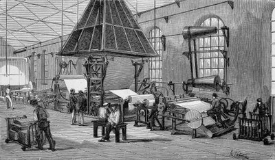 Machine for making continuous paper. 19th century engraving by Unknown artist