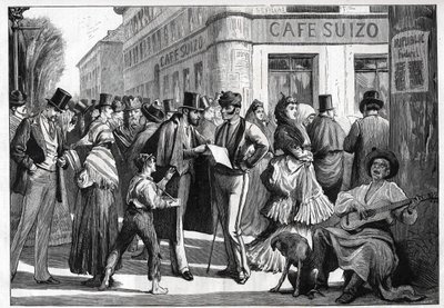 Madrid in 1873. Walkers at the corner of Seville Street and Alcala Street by Unknown artist