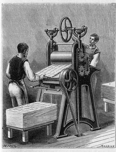 Making cards to play by old methods. Cylinder of playing cards. Engraving from 1893 by Unknown artist