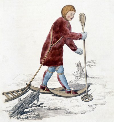 Man of the Ostiak tribe (Khanty or Khante) (Paleosiberian hunter tribe established in the forest area of the middle Ob valley) hunting for ermine. Illustration from 1803 by Unknown artist