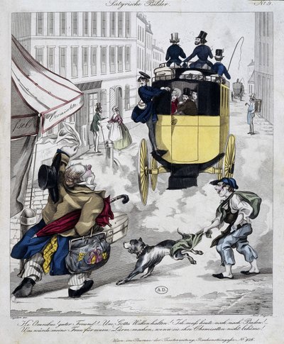 Man missing the Omnibus. Cartoon made around 1840 by Unknown artist