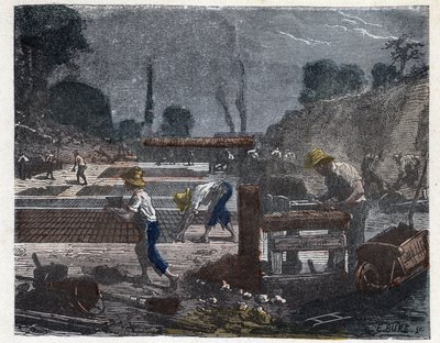 Manufacture of a brick in the 19th century: the mould worker fills his mold with clay paste, then the apprentice places the brick on the floor to dry it. Engraving late 19th century by Unknown artist