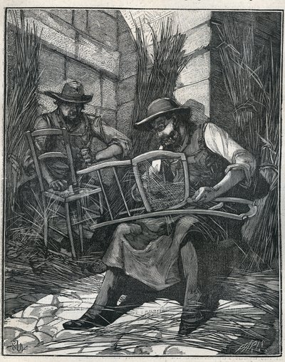 Manufacture of chairs: mulching and caning of chairs. Engraving from 1885 in 