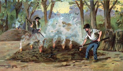 Manufacture of charcoal, combustion furnace. Chromolithography of the late 19th century by Unknown artist