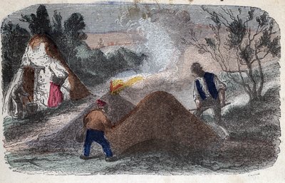 Manufacture of charcoal in the 19th century: coal makers in front of millstones composed of wood and clay logs to which they set fire. Engraving late 19th century by Unknown artist