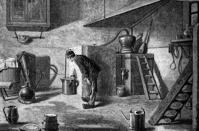 Manufacture of kirsch: distillation, castle of Isenberg in Alsace. Engraving in Le Journal de la jeunesse by Unknown artist