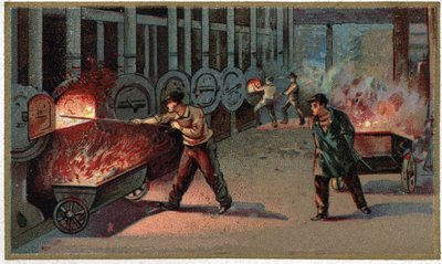 Manufacture of lighting gas: loading of cornu. Chromolithography of the late 19th century by Unknown artist