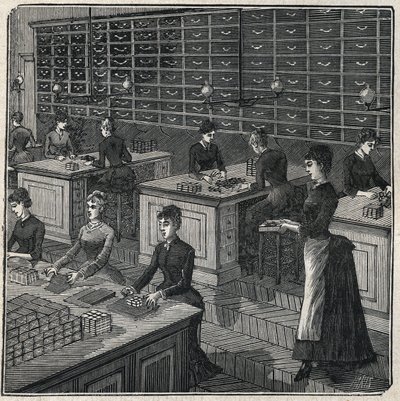 Manufacture of metal feathers: sorting and wrapping feathers in a factory in France in the 19th century. Engraving from 1885 in 