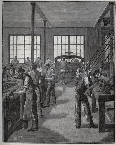 Manufacture of pen holder and pencil holder. Engraving from 1885 in 
