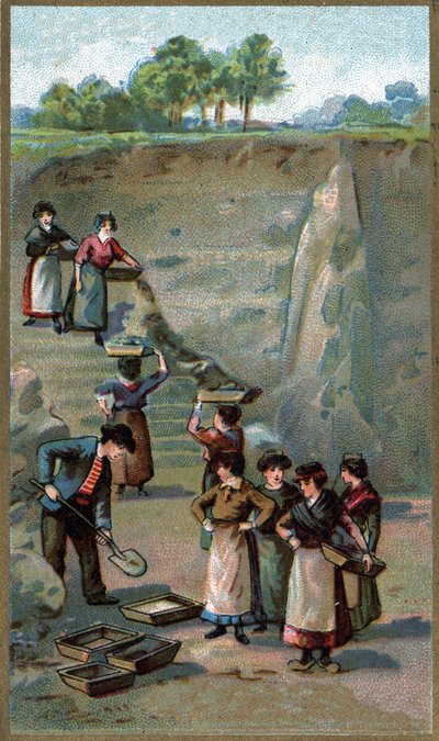 Manufacture of porcelain, Kaolin quarry. Chromolithography of the end of the 19th century by Unknown artist