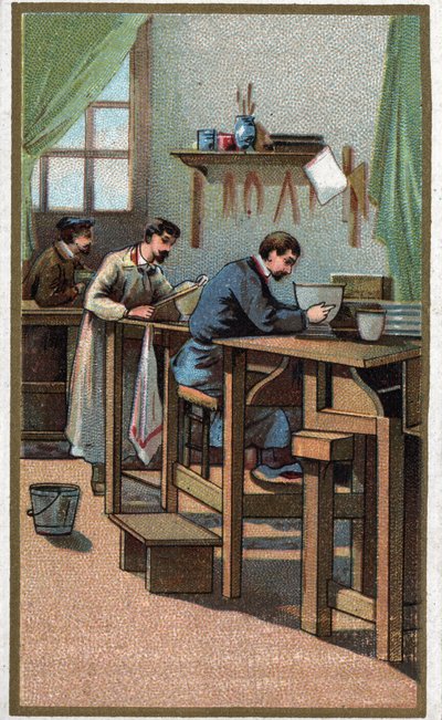 Manufacture of porcelain: turning. Chromolithography of the end of the 19th century by Unknown artist