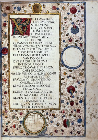 Manuscript page of Il Canzoniere by Francesco Petrarca (Petrarca) (1304-1374) 1493 by Unknown artist