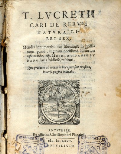 Manuscript page of volume 6 of "De natura rerum" (From nature) by the Latin philosopher Lucrece (Titus Lucretius Carus) (98-55 BC) 1564 by Unknown artist