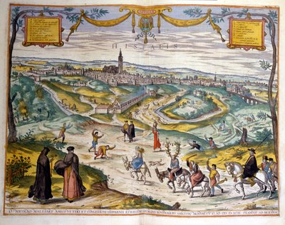 Map of the city of Seville in 1590. At the bottom right of the picture, the people of the village make fun of a cuckold on his donkey by Unknown artist