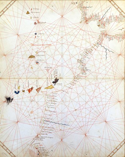 Map showing Gibraltar, Morocco and the Canary Islands. 15th century Portulan by Unknown artist