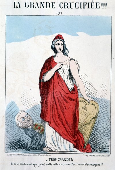 Marianne Holding Human Rights in Her Hand to Whom Thiers Wants to Put a Crown - Caricature by Unknown artist