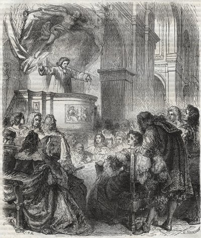 Marie de Rabutin-Chantal, Marquise of Sevigne known as Madame de Sevigne (1626-1696), listening to Louis Bourdaloue (1632-1704) French at the church of Jesuits, Saint-Louis in Paris - engraving of 1866 by Unknown artist