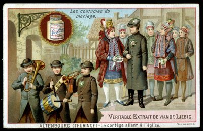 Marriage customs: the procession going to the church in Altenburg (Thuringia) - chromo. Liebig, v. 1895 by Unknown artist