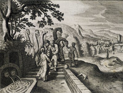 Marriage of Isaac and Rebecca. Engraving from a 17th century Bible by Unknown artist