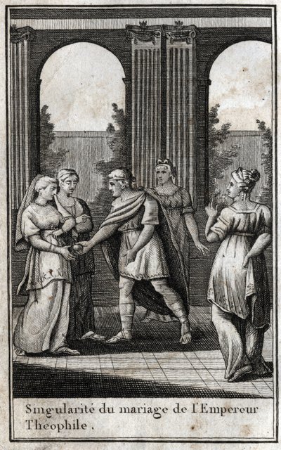 Marriage of the Byzantine Emperor Theophile (813-842): having united the most beautiful women in the kingdom to find a wife, he chose Theodora and offered her a golden apple. Engraving in 