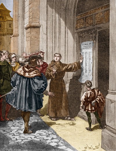 Martin Luther hanging his 95 theses in Wittenberg by Unknown artist