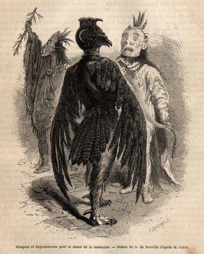 Masks and disguises for the dance of medicine among the Naya Indians. Engraving to illustrate an excursion among the Indian tribes of the basins of Colombia and Upper Missouri, by G. Catlin, in 1855, published in 