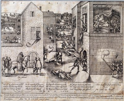 Massacre of Saint Bartholomew in Paris on the night of 24 August 1572. Engraving of the 16th century. Pau, Musee Du Chateau by Unknown artist