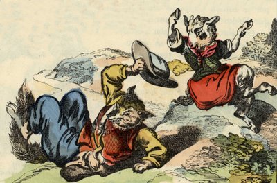 Master fox plays with Little Goat. Illustration of the tale 