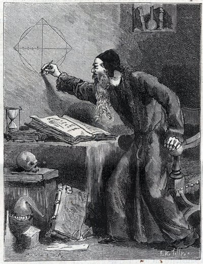 Mathematics and Geometry: Scientific researcher of the quadrature of the circle in the 16th century. Engraving in 