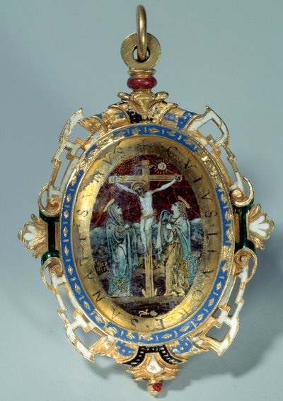 Medallion in email on round gold decorates crucifixion and flight to Egypt by Unknown artist