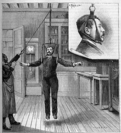 Medicine: treatment of ataxia by suspension at the Salpetriere hospital in Paris. At the top, detail of the device used for care. Engraving in 