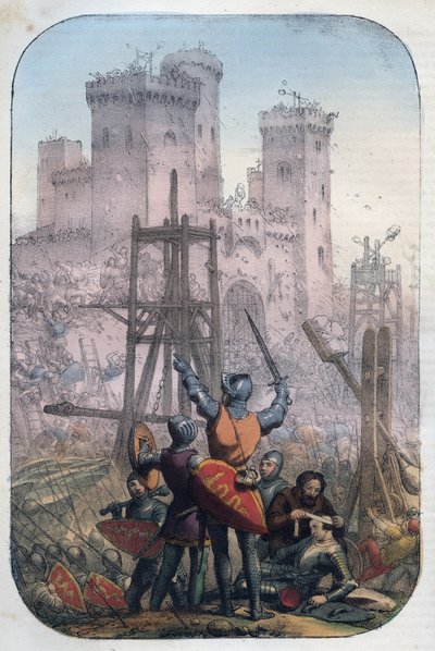 Medieval Life - Attacking and Defending a Castle - engraving from 