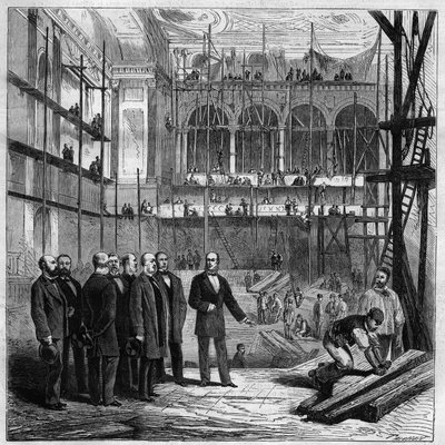 Members of the permanent committee visiting the work of the new hall of the National Assembly in Paris by Unknown artist