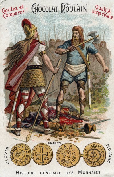 Merovingians: Clovis 1st shooting down the soldier who had broken the vessel of Soissons, in 486. In General History of Coins. Chocolate-foal chromolithography of the end of the 19th century. Private collection. by Unknown artist