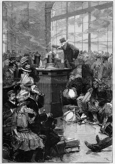 Measures taken against the cholera epidemic spread in Toulon: the disinfection room at the Lyon station, Paris. Engraving in 