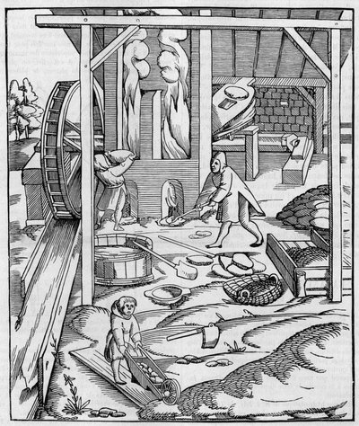 Metal furnace blower operated by a hydraulic motor. Facsimile of an engraving published in 