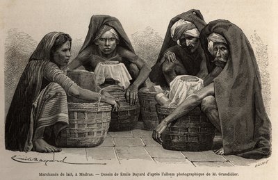 Milk merchants, in the streets of Madras (present-day Chennai, Tamil Nadu). Engraving to illustrate the voyage in the meridional provinces of India, by Alfred Grandidier, in 1862-1864, published in le tour du monde, under the direction of Edouard Charton by Unknown artist