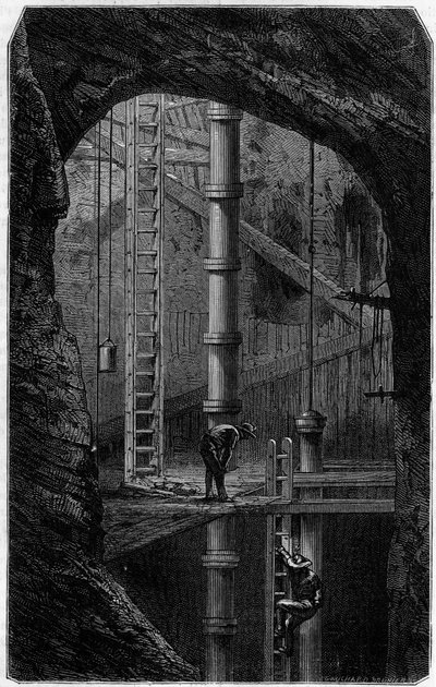 Miners inside a tin mine in Cornwall, England. Engraving in the journal 