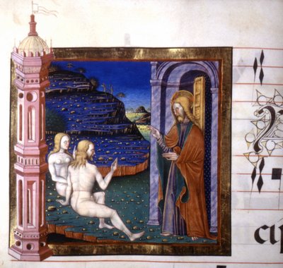 Miniature depicting the creation of Adam and Eve by God. Antiphonary. 15th century by Unknown artist