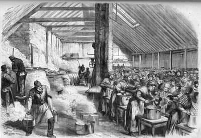 Misery in London: Public distribution of food for the poor in Spitalfields. Engraving in 