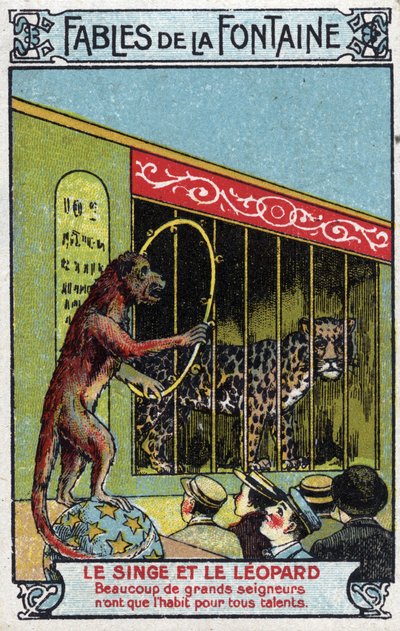 Monkey and Leopard - Fables by Jean de La Fontaine (1621-95) - Chromolithography of the end of the 19th century Private Collection by Unknown artist