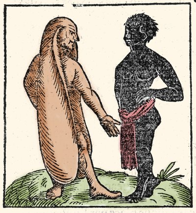 Monstrous creatures: two African men, one of them with long ears to protect themselves from the sun and the cold. When a situation intimidates them, their ears allow them to fly away. Symbolically they allow them to listen better to the word of God by Unknown artist