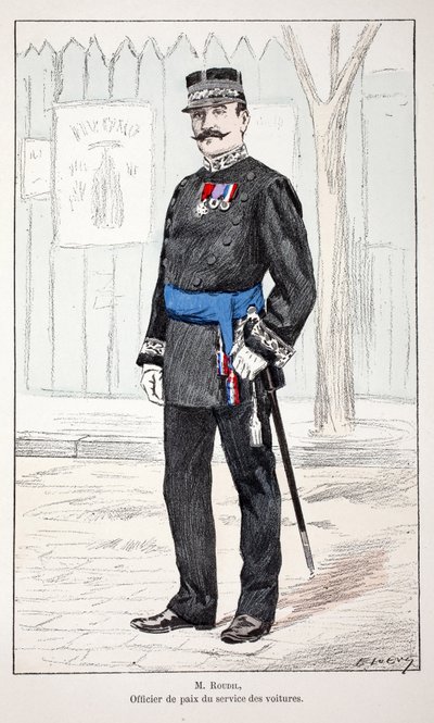Mr. Roudil, peace officer of the car service. Eau forte en couleurs, for illustration History of the corps des gardiens de la paix book published under the auspices of Louis Lepine, by Alfred Rey and Louis. by Unknown artist