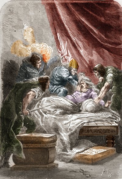 Murder of Galswinthe, queen of the Franks in Neustria, wife of Chilperic I. Engraving in 