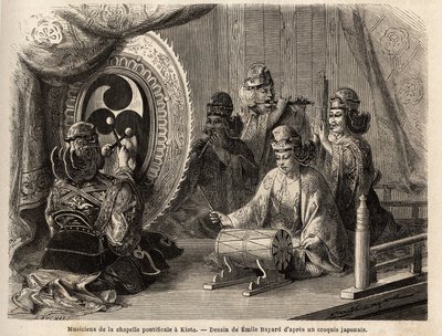 Musicians of the pontifical chapel in Kyoto (or Kioto), playing five sacred instruments, flute traversiere and flute of pan, marine conch, timpani and kakdaiko, the original gong. Engraving to illustrate the voyage to Japan in 1863-1864, by Aime Humbert by Unknown artist