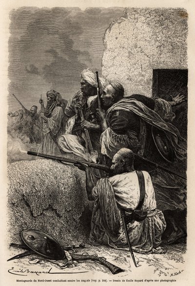 Muslim Mountaineers Resettled in the Mountains of Svat, Fighting an English Expedition in 1863 to Stop the Looting of Villages in the Region. Engraving to Illustrate the Story of Punjab and Kashmir, by Guillaume Lejean, 1866, Published in 