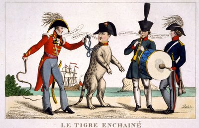 Napoleon I in a chained tiger held by a British officer with a whip. Russia and Austria playing music next door. Cartoon 1815 by Unknown artist