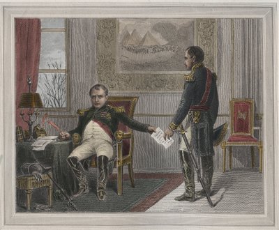 Napoleon Signing His Abdication 1814 - Napoleon Bonaparte at Fontainebleau During His First Abdication, Signed in April 1814 - Engraving in 